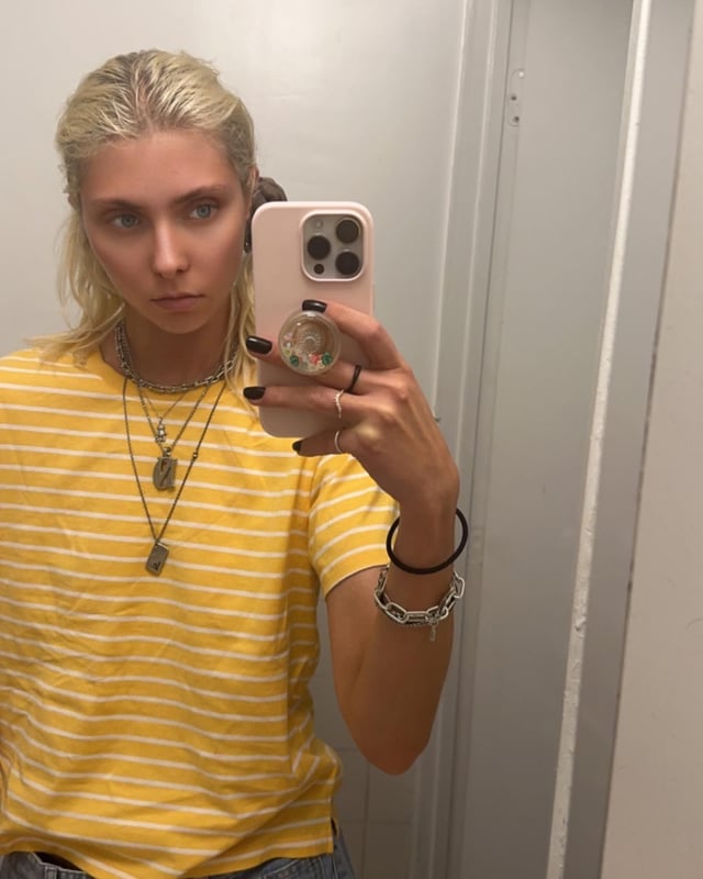 Yellow shirt mirror selfie - IG - September 2023